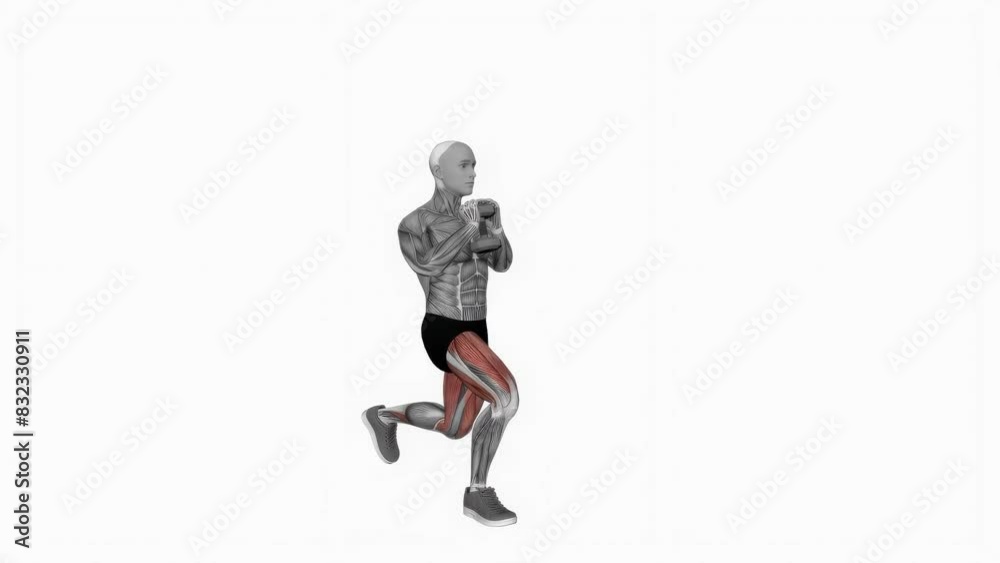 3D illustration animation of a fitness male model doing the dumbbell goblet curtsy lunge workout