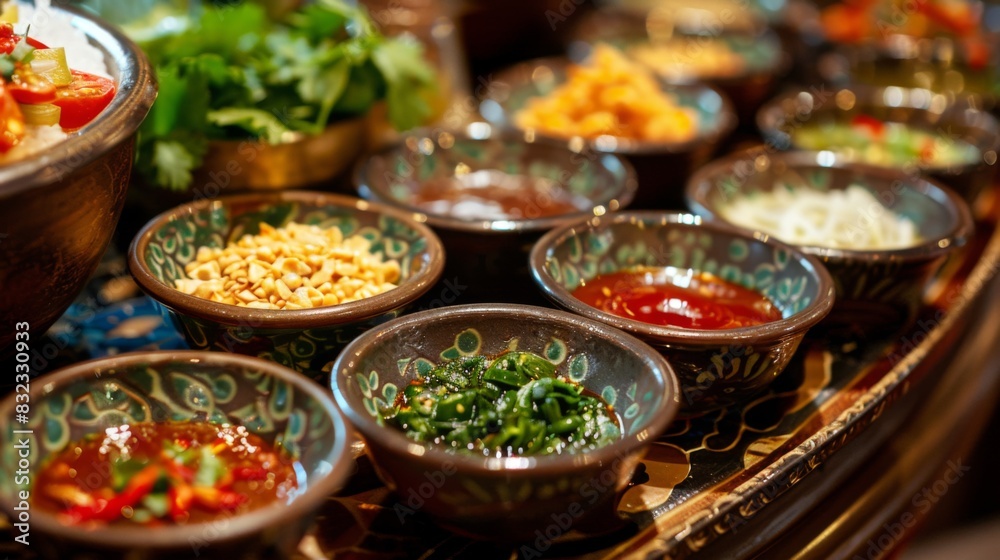 Obraz premium An array of Thai dipping sauces, including nam pla prik and peanut sauce, in small bowls on a beautifully set table