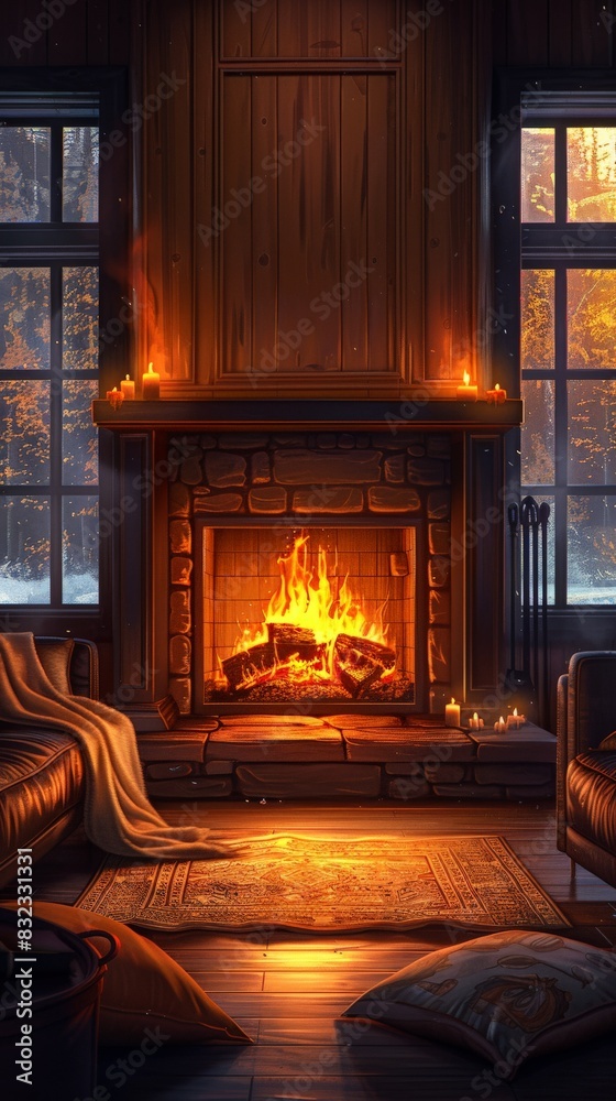 Depict the cozy ambiance of a fireside in a minimalist digital artwork. Illustrate a warm, inviting fireplace with flickering flames and glowing embers, surrounded by comfortable seating and soft