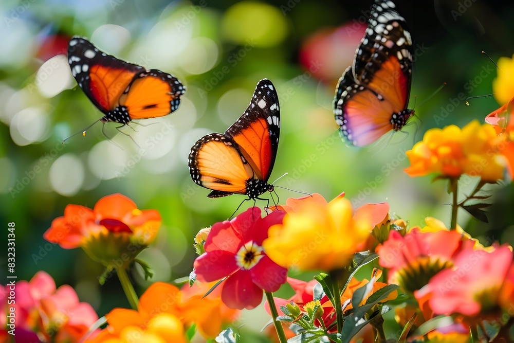 Fototapeta premium Vibrant Butterflies Fluttering Joyfully Around Blooming Flowers in a Lush Garden