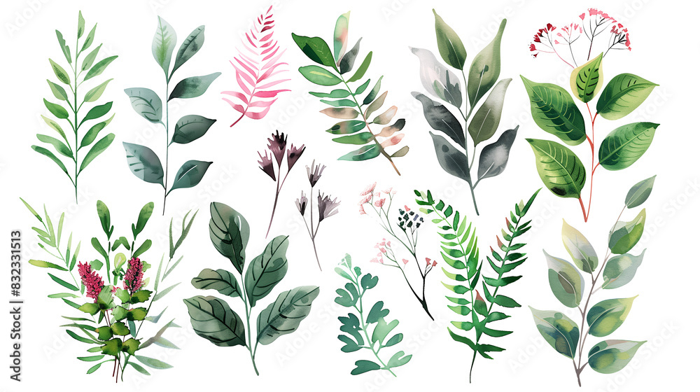 Set of colourful botanical leaves in watercolor paint style on a transparent background. Isolated flowers and leaves for decoration elements in red and green colors.