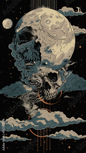 Skull and moon on the night sky. Hand drawn illustration.