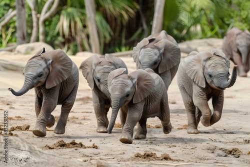 Playful Parade of Baby Elephants Roaming in Savanna Wilderness
