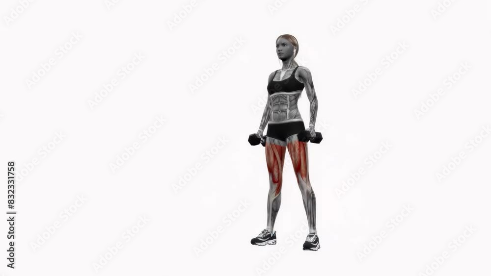 3D animation of a fitness female model doing the dumbbell side lunge alternating workout 3D animation of a fitness female model doing the dumbbell side lunge alternating workout