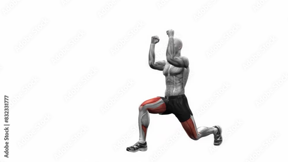 3D animation illustration of a fitness male model doing the lunge pulses bodyweight workout 3D animation illustration of a fitness male model doing the lunge pulses bodyweight workout