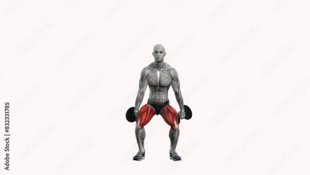 3D illustration animation of a fitness male model doing the squat workout with dumbbells 3D illustration animation of a fitness male model doing the squat workout with dumbbells