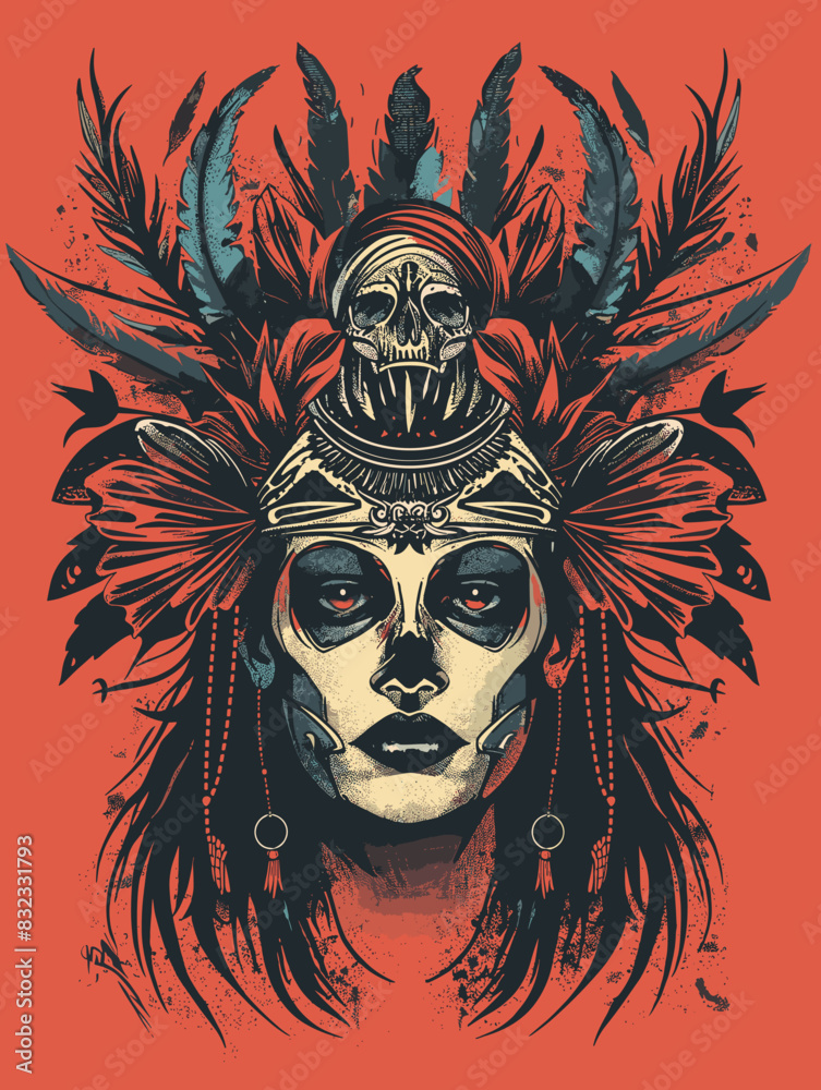 Skull with Indian headdress and feathers. Vector illustration on a red background. Skull with Indian headdress and feathers. Vector illustration on a red background.