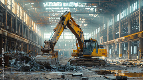 Powerful excavator clearing debris in abandoned industrial warehouse photo