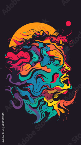 Beautiful woman face with abstract colorful curly hair. Vector illustration.