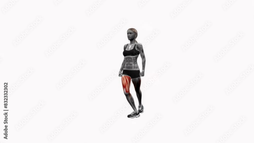3D illustration animation of a fitness female model doing the curtsy squat workout 3D illustration animation of a fitness female model doing the curtsy squat workout