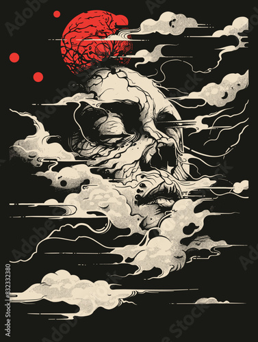 Skull and clouds. Hand drawn vector illustration. Tattoo art.