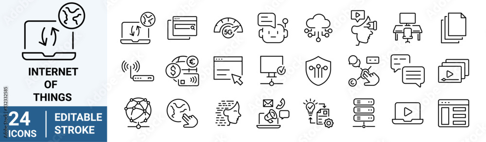 Internet of things web line icons. such as surveillance, sensor, IoT. Artificial Intelligence. Editable stroke. vector illustration Internet of things web line icons. such as surveillance, sensor, IoT. Artificial Intelligence. Editable stroke. vector illustration