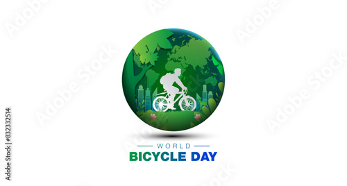 World Bicycle Day ceative concept. Promotion of bicycle for traveling and transportation and green clean world map and environment background.