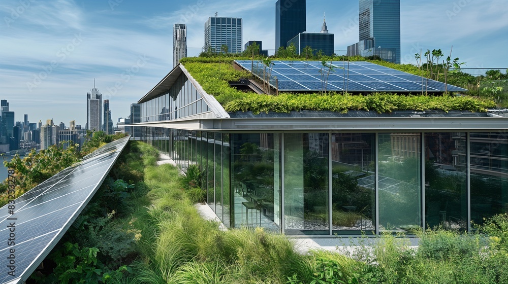A modern office building featuring a lush green roof and solar panels ...