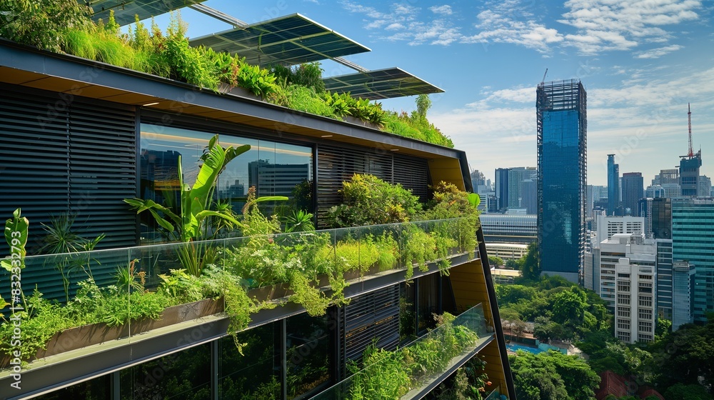 A modern office building featuring a lush green roof and solar panels, set against a city skyline. The green roof is dense with native plants, emphasizing eco-friendly urban design. A modern office building featuring a lush green roof and solar panels, set against a city skyline. The green roof is dense with native plants, emphasizing eco-friendly urban design.