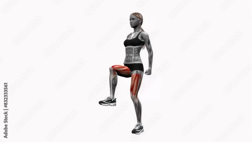 3D illustration animation of a fitness female model doing the lunge to knee drive workout 3D illustration animation of a fitness female model doing the lunge to knee drive workout