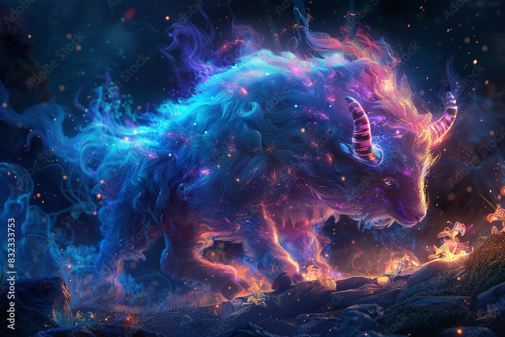Fototapeta premium Enchanted animal in a fantasy world, vibrant colors, digital painting, detailed fur, magical ambiance, glowing elements, dynamic pose