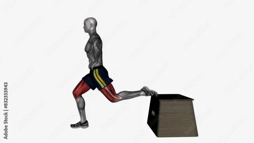 3D illustration of a fitness male model doing the barbell Bulgarian split squat workout 3D illustration of a fitness male model doing the barbell Bulgarian split squat workout