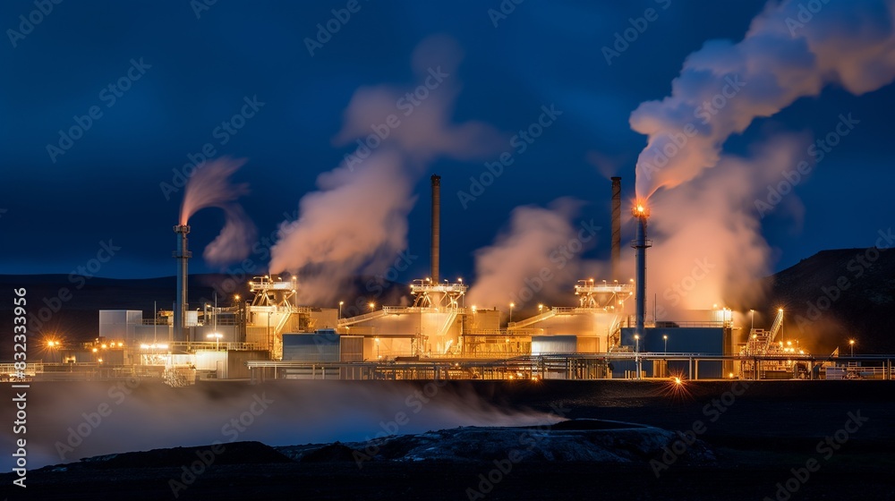 A nighttime scene of a geothermal power plant, with the facility lit by artificial lights and steam glowing under the illumination as it rises into the night sky. 