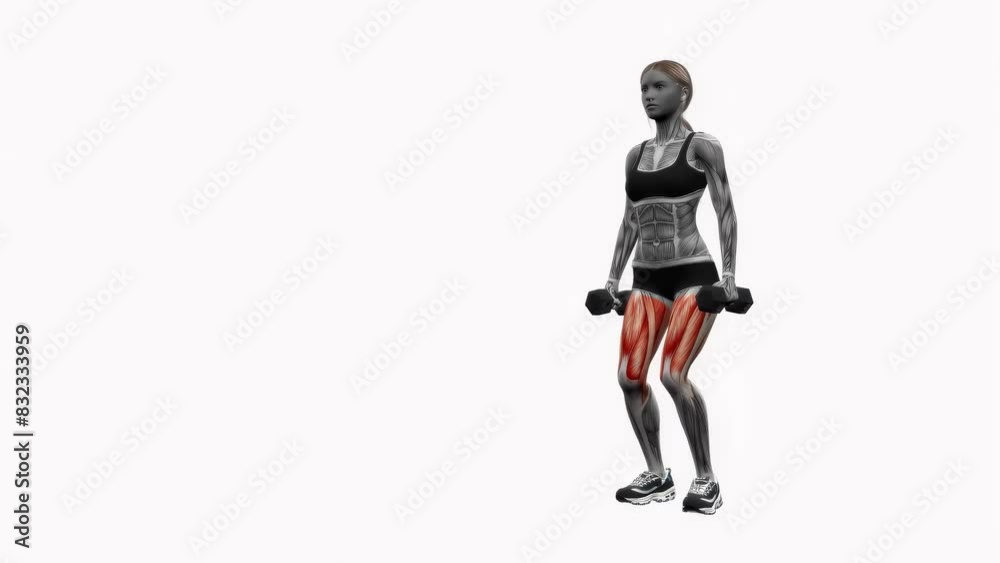 3D illustration of a fitness female model doing the narrow stance squats with dumbbells workout 3D illustration of a fitness female model doing the narrow stance squats with dumbbells workout