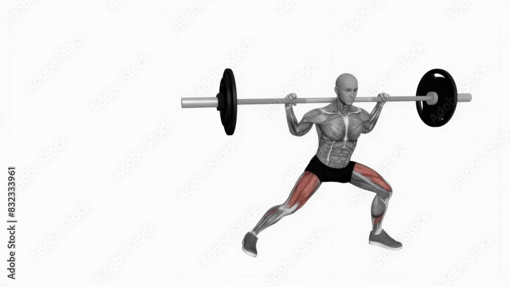 3D illustration animation of a fitness male model doing the barbell lateral lunges workout 3D illustration animation of a fitness male model doing the barbell lateral lunges workout