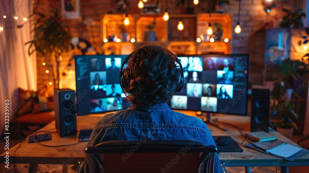 Man attending a virtual meeting with headphones and webcam in a modern home office Man attending a virtual meeting with headphones and webcam in a modern home office