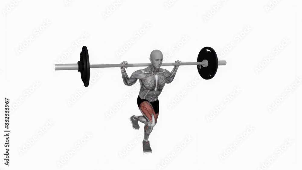 3D illustration animation of a fitness male model doing the barbell curtsy lunges workout 3D illustration animation of a fitness male model doing the barbell curtsy lunges workout