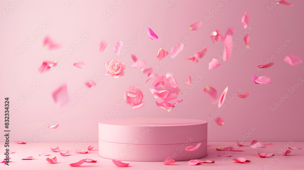 Podium in the pink background rose petals falling. Studio podium for product advertising. Stage stand. Blank podium. Display platform cosmetic and spa presentation,Pink podium state for presentation
Podium in the pink background rose petals falling. Studio podium for product advertising. Stage stand. Blank podium. Display platform cosmetic and spa presentation,Pink podium state for presentation