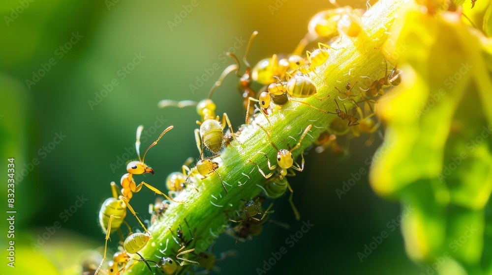 Ants harvesting honeydew from aphids on a plant stem, illustrating ...