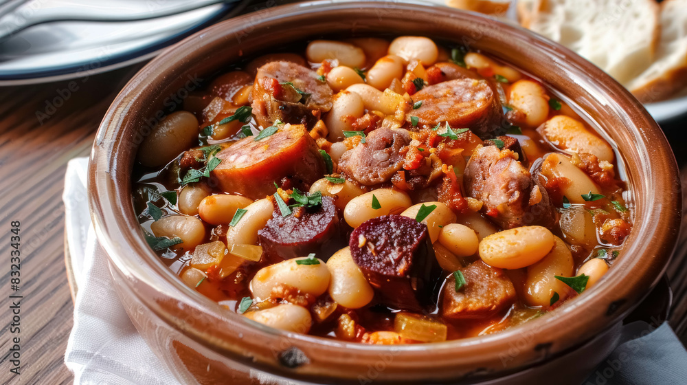Traditional Spanish Fabada Asturiana Dish, Bowl With Large White Beans, Chorizo, Morcilla, And Pork Traditional Spanish Fabada Asturiana Dish, Bowl With Large White Beans, Chorizo, Morcilla, And Pork