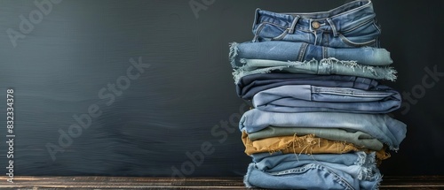 Stack of assorted denim jeans folded on wooden surface against dark background. Fashionable casual wear for men and women. photo