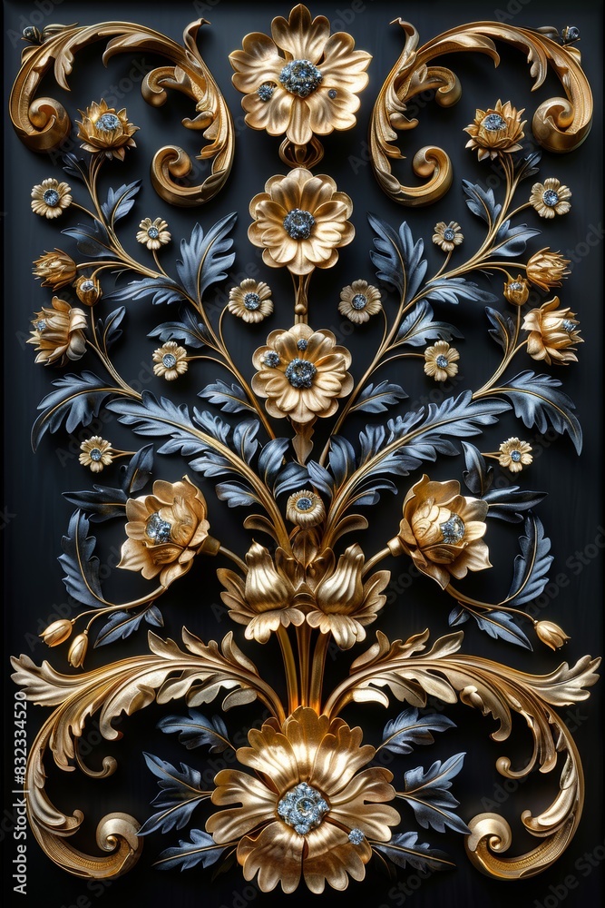 Gold and Blue Floral Design on Black Background