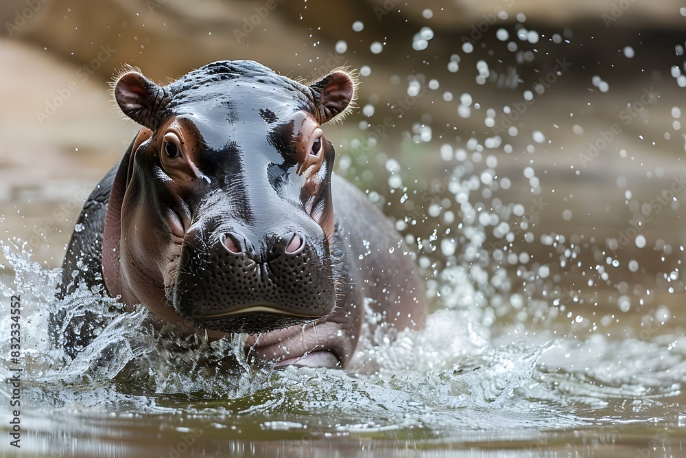 Adorable Baby Hippo Splashing and Playing in Tranquil Tropical Waterscape Adorable Baby Hippo Splashing and Playing in Tranquil Tropical Waterscape