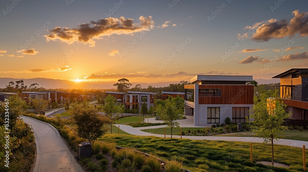A panoramic view of a modern eco-friendly suburb at sunset, emphasizing sustainable construction and harmonious integration with the natural environment. A panoramic view of a modern eco-friendly suburb at sunset, emphasizing sustainable construction and harmonious integration with the natural environment.