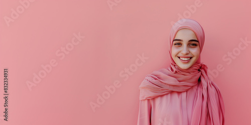 A portrait of a young smiling Muslim woman wearing a pink hijab against a pink background studio with copy space for text © dewaai