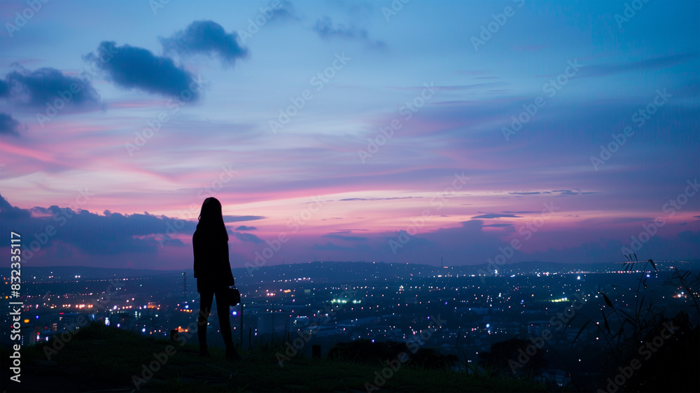 Fototapeta premium 夕暮れ時の丘から見下ろすシルエットの人と街の景色