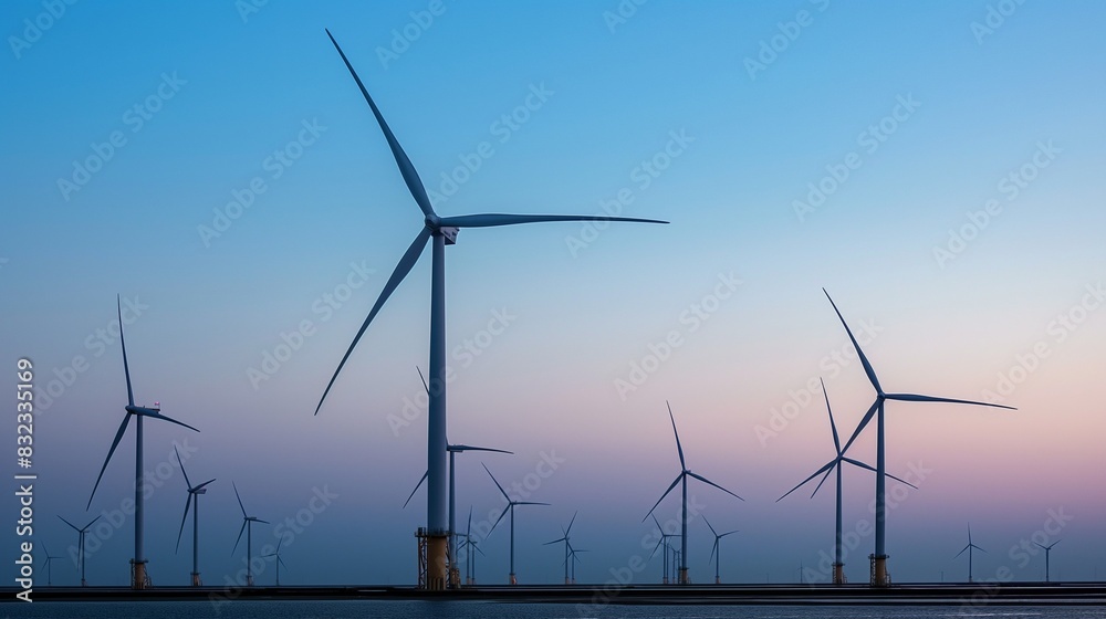 A panoramic view of a wind farm at dusk, where the turbines line up perfectly with the horizon. 