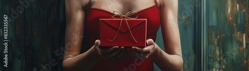 Woman in a red dress holding a beautifully wrapped gift box. Perfect for holiday themes and celebrations, expressing elegance and festivity. photo