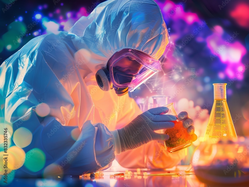 Scientist in full PPE suit analyzing chemical reactions, holding a