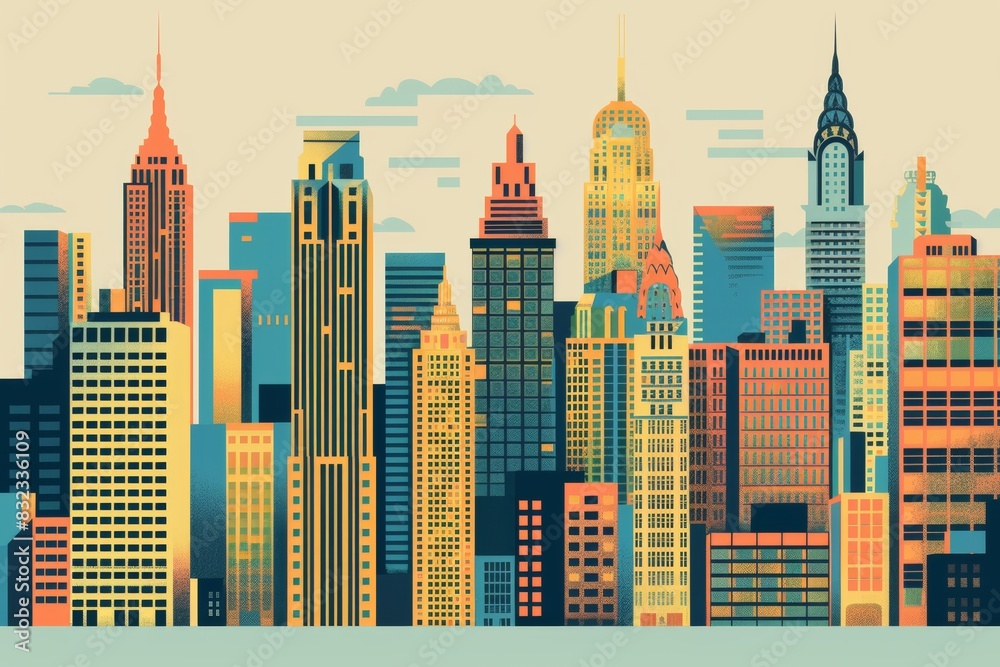 Art Deco New York City Cityscape With Iconic 1920S Architecture set collection of abstract vector illustration 