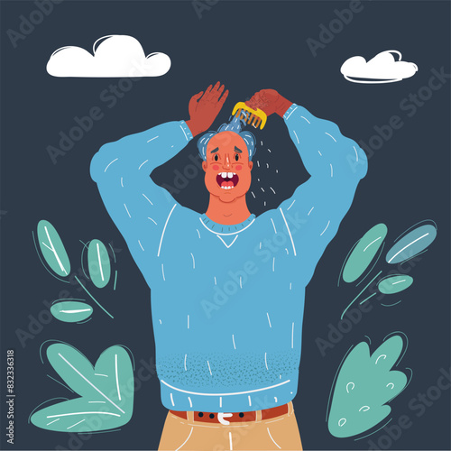 Cartoon vector illustration of man loosing his hair on dark background.