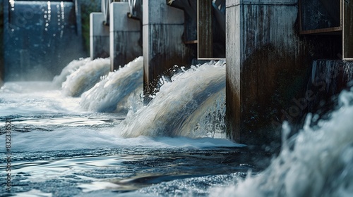 A close-up of the flowing water through a hydroelectric dam's spillway. The image captures the power of water as it rushes through the open gates, emphasizing the force used to generate electricity.