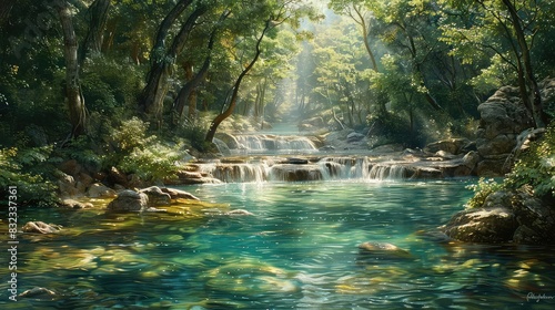 Crystal clear stream flowing through a lush forest  sunlight filtering through trees  realistic style  vibrant greens and blues  tranquil and serene 