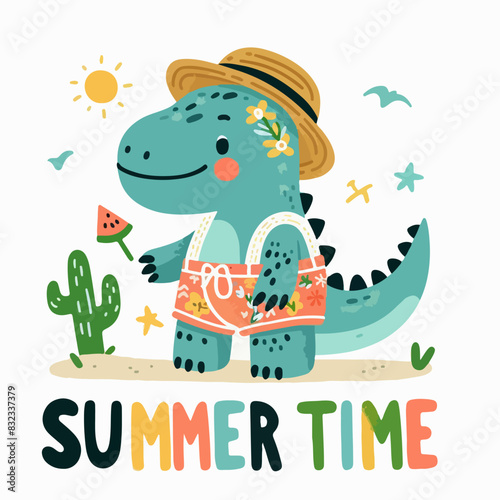 Cool dinosaur summer time design vector illustration ready to print on t-shirts