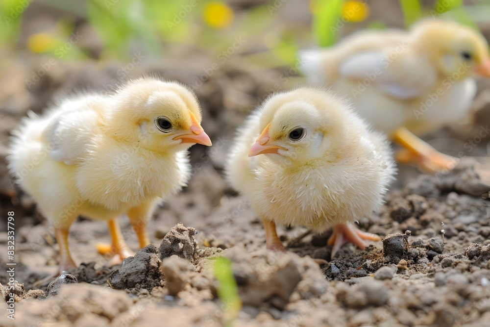 Adorable Baby Chicks Pecking in the Dirt on a Lush Farm