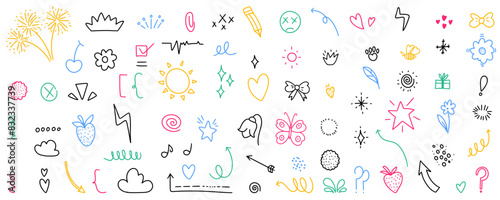 Hand drawn element collection, simple retro sketch decorations isolated on white background. Scribble drawings. Cute doodle icons.