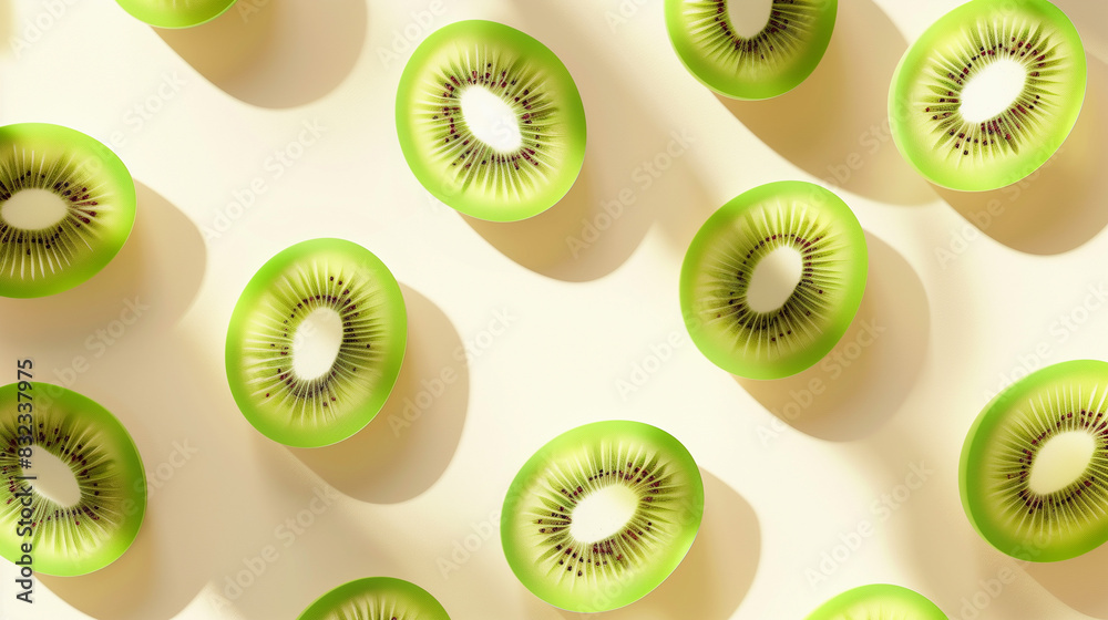 Fototapeta premium Pieces of kiwi cut in half on a light background, top view, flat lay