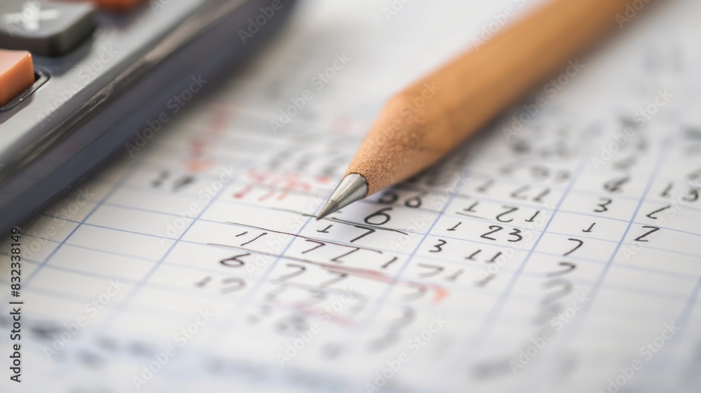 Pencil calculator paper math equation note numbers close up shot Pencil calculator paper math equation note numbers close up shot