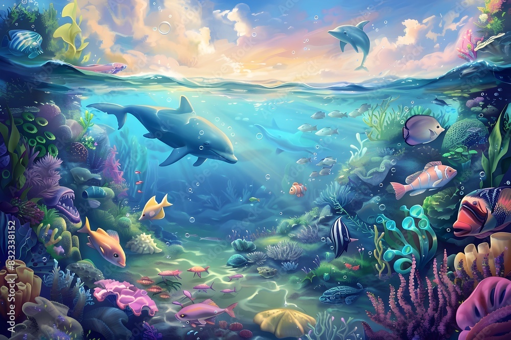 Fototapeta premium Enchanting Underwater Realm of Friendly Marine Creatures at Sunset