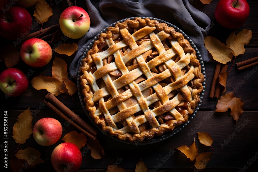 Freshly baked apple pie with apples and yellow autumn leaves on rustic, dark wooden table. Top view seasonal food photo Freshly baked apple pie with apples and yellow autumn leaves on rustic, dark wooden table. Top view seasonal food photo